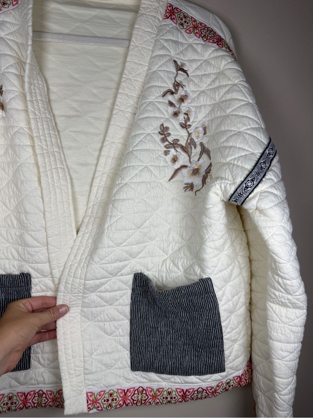 POL Cream Quilted Embroidered Jacket in Ivory Like New Bohemian Sz L - Picture 11 of 14